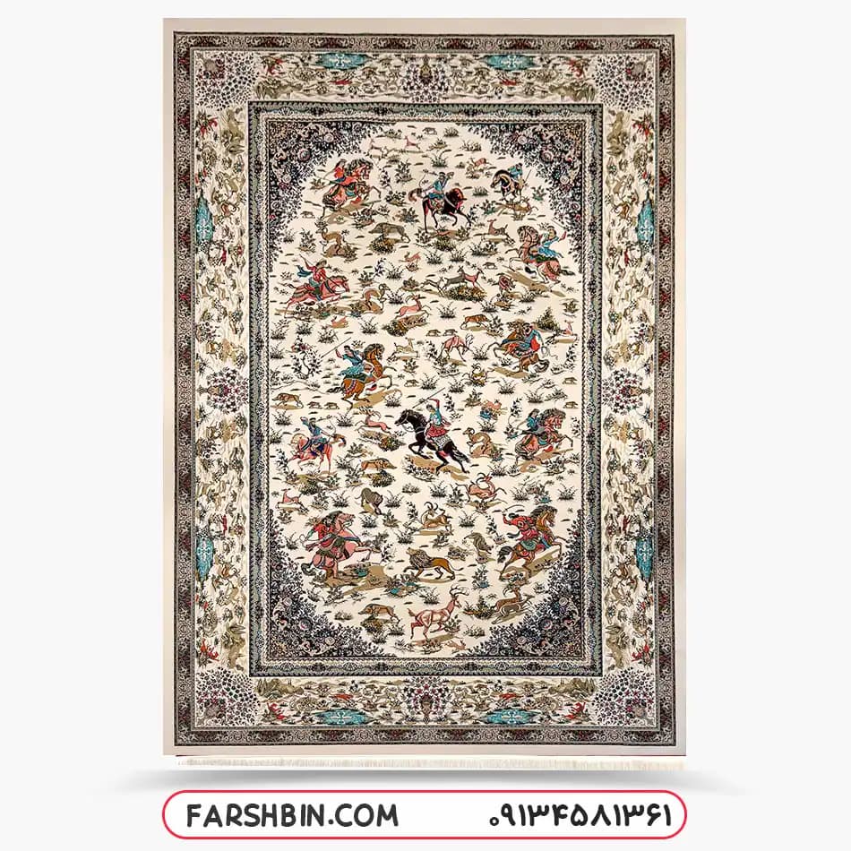 فرش طرح شکارگاه کرم 1500 شانه کد 7526