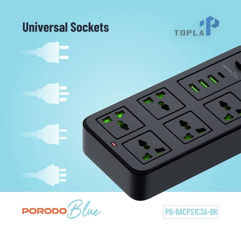 چندراهی برق Porodo مدل Universal Sockets 6 خروجی کابل ۳ متری — تصویر ۵