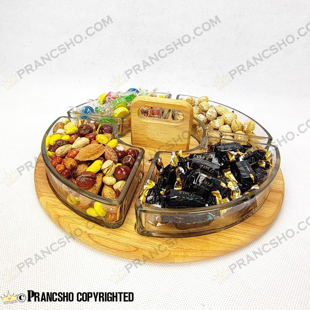 اردور و مزه خوری چهار خانه شیشه ای با استند دسته دار چوبی اوکیا