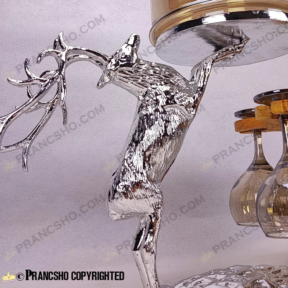 کلمن بار چرخان 6 نفره طرح گوزن نقره‌ای ایستاده با گیلاس (جام) و شات شامپاینی — تصویر ۶