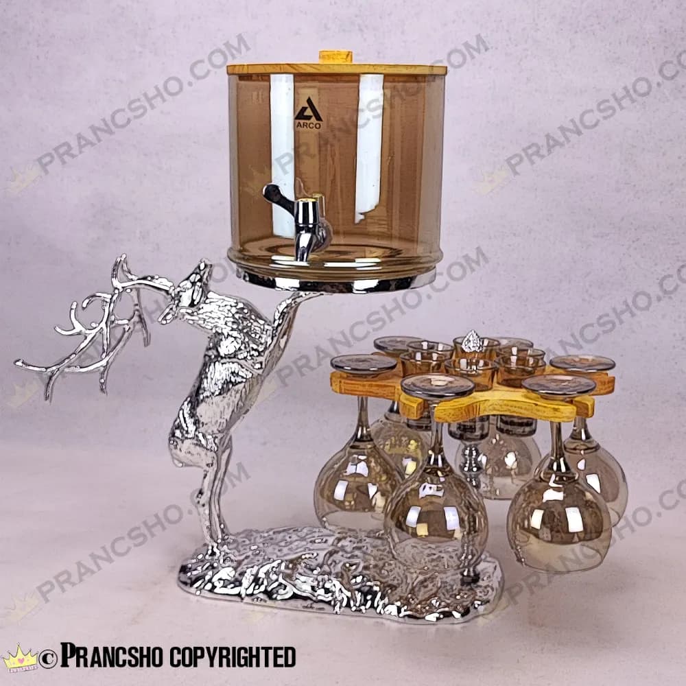 کلمن بار چرخان 6 نفره طرح گوزن نقره‌ای ایستاده با گیلاس (جام) و شات شامپاینی — تصویر ۵