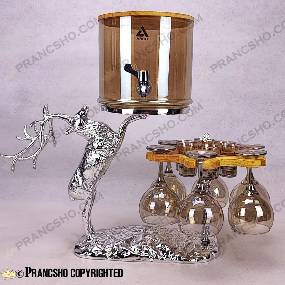 کلمن بار چرخان 6 نفره طرح گوزن نقره‌ای ایستاده با گیلاس (جام) و شات شامپاینی