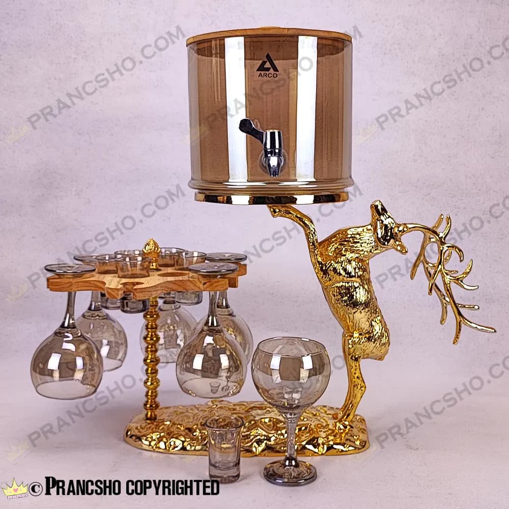 کلمن بار چرخان 6 نفره طرح گوزن طلایی ایستاده با گیلاس (جام) و شات شامپاینی — تصویر ۳
