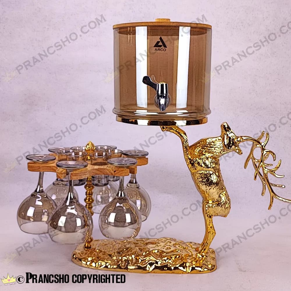 کلمن بار چرخان 6 نفره طرح گوزن طلایی ایستاده با گیلاس (جام) و شات شامپاینی