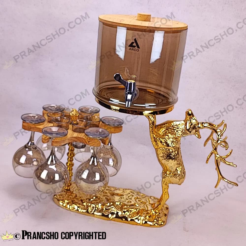 کلمن بار چرخان 6 نفره طرح گوزن طلایی ایستاده با گیلاس (جام) و شات شامپاینی — تصویر ۲