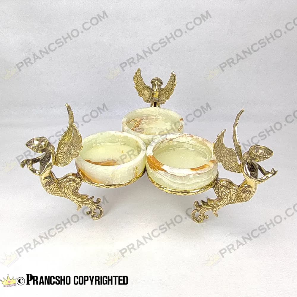 سرویس پذیرایی سنگ مرمر نباتی قهوه‌ای با پایه برنجی طرح آنجل — تصویر ۷