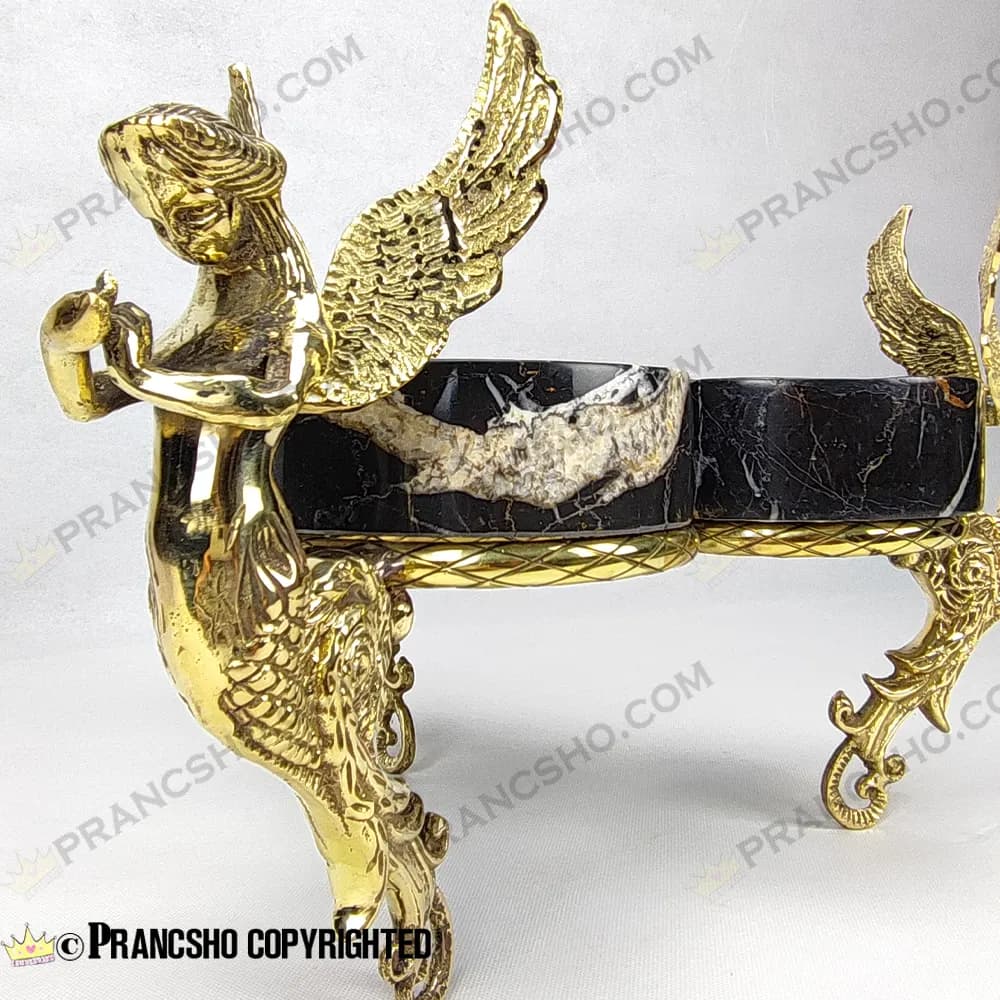 اردور خوری سه خانه سنگ مشکی خط سفید با پایه برنجی طرح آنجل — تصویر ۳