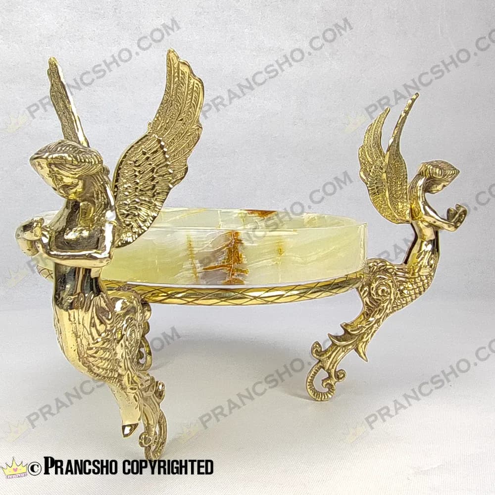 میوه خوری سنگ مرمر نباتی قهوه‌ای با پایه برنجی طرح آنجل — تصویر ۳