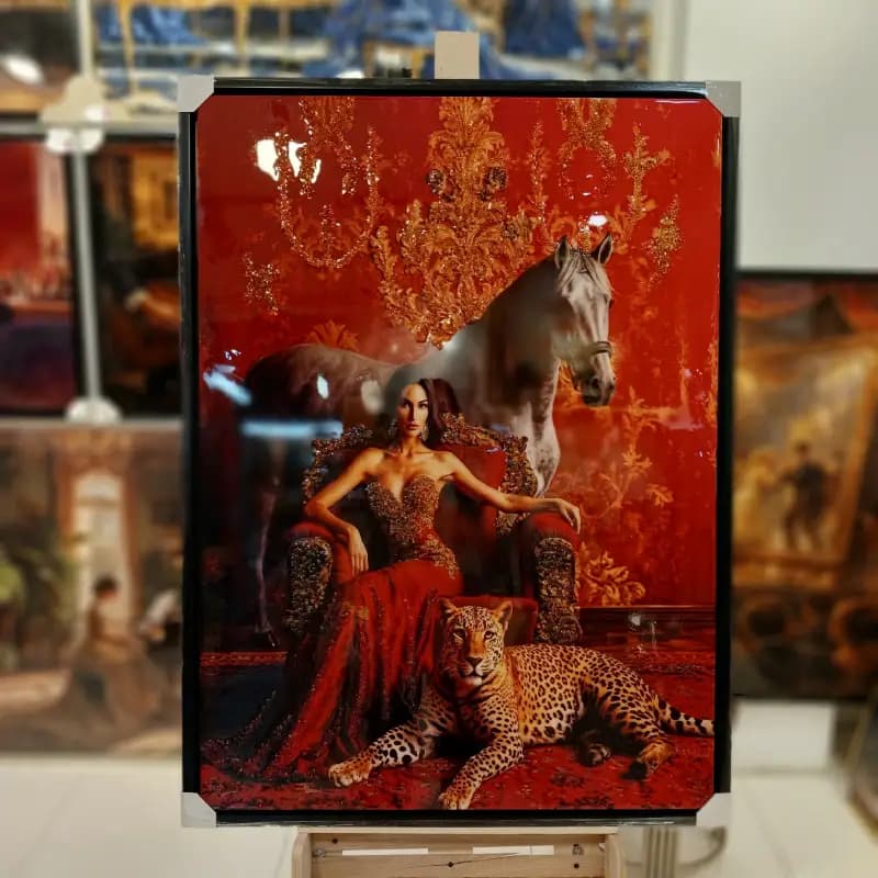 تابلو دکوراتیو تمام رزین طرح زن جذاب و پلنگ زمینه قرمز 120*90 — تصویر ۲