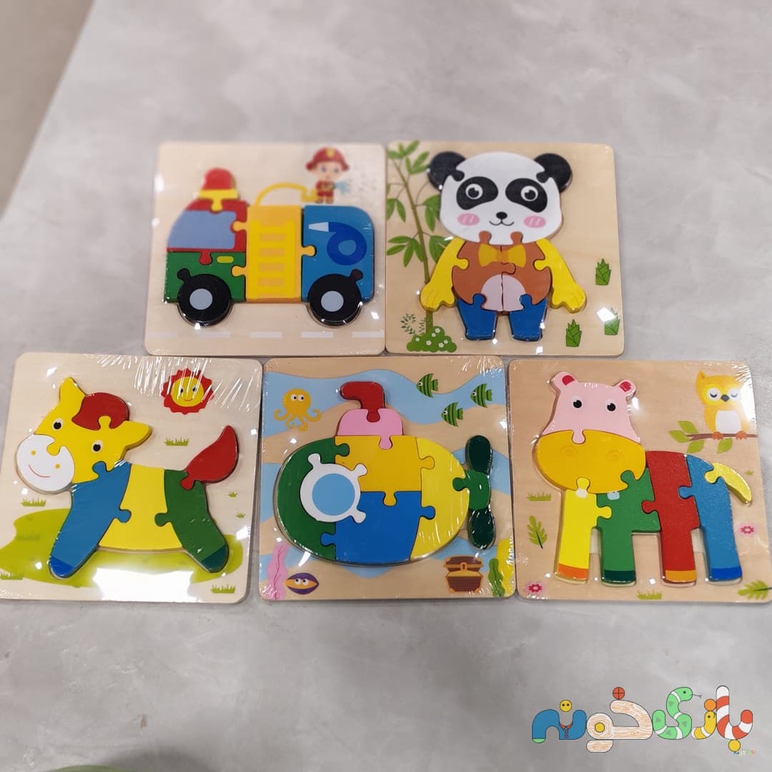 پازل چوبی برجسته کودک مدل حیوانات و ماشین۵ طرح آموزشی