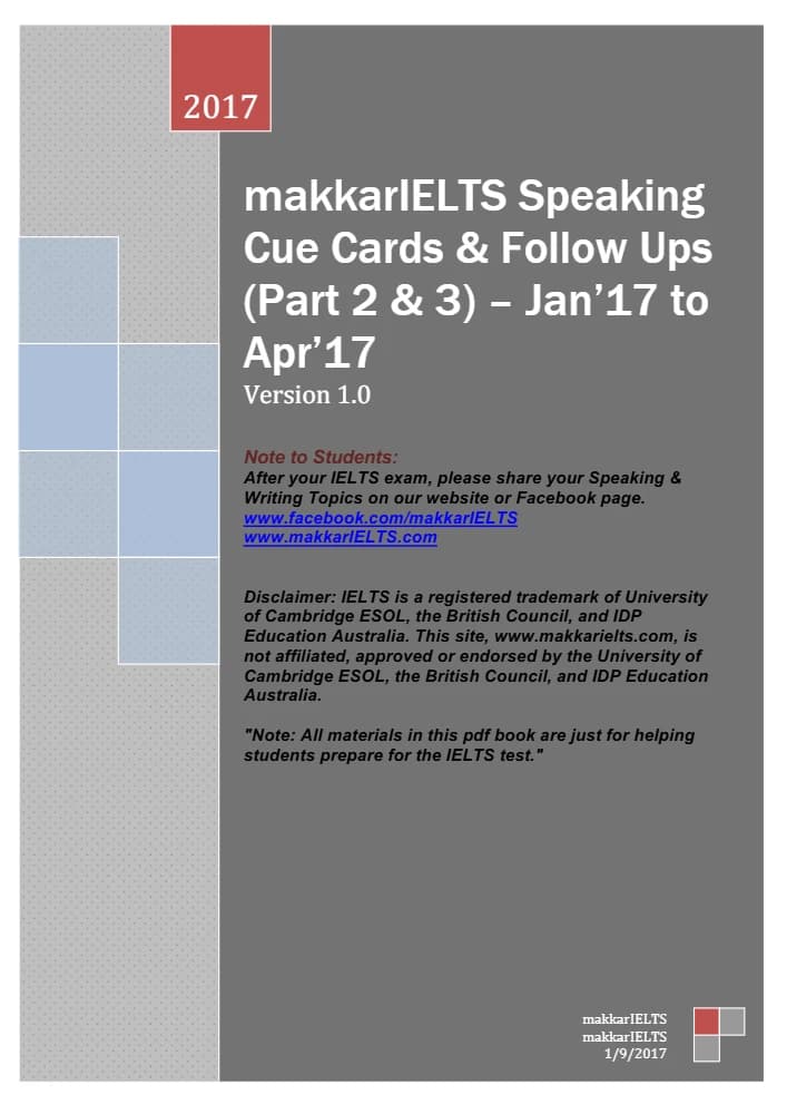 کتاب IELTS Cue Cards Jan-Apr 2017 (کارت‌های کیو کارت آیلتس، دوره ژانویه تا آوریل ۲۰۱۷) نسخه انگلیسی PDF