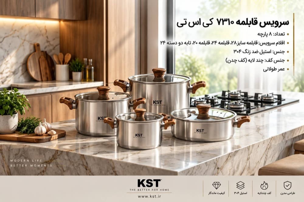 سرویس قابلمه 8 پارچه استیل 7310 D دسته طرح چوب-کی اس تی