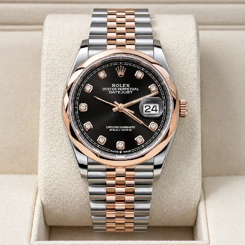 رولکس Datejust 36 مشکی نگین‌دار دو رنگ رزگلد | رفرنس M126201-0019 — تصویر ۲