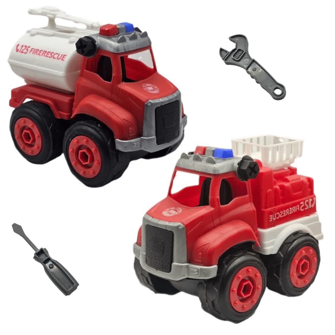 ست ماشین بازی ساختنی ناب سل مدل بالابر و مخزن آب پاش آتش نشانی کد FIRE FIGHTER TRUCK مجموعه 4 عددی به همراه آچار و پیچ گوشتی