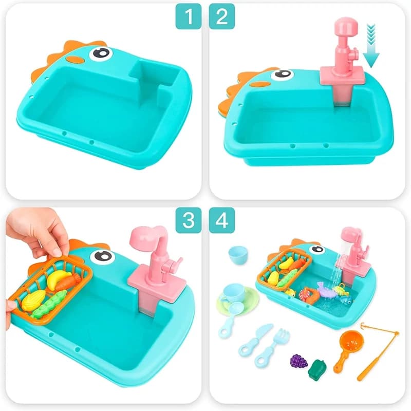 اسباب بازی ناب سل مدل سینک ظرفشویی طرح دایناسور بامزه مجموعه 23 عددی کد DINOSAURS KITCHEN SINK ELECTRIC PUMP به همراه پمپ آب الکتریکی و چرخش آب — تصویر ۷