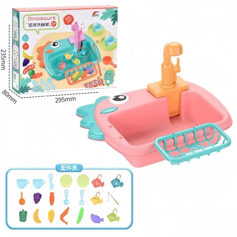اسباب بازی ناب سل مدل سینک ظرفشویی طرح دایناسور بامزه مجموعه 23 عددی کد DINOSAURS KITCHEN SINK ELECTRIC PUMP به همراه پمپ آب الکتریکی و چرخش آب — تصویر ۵