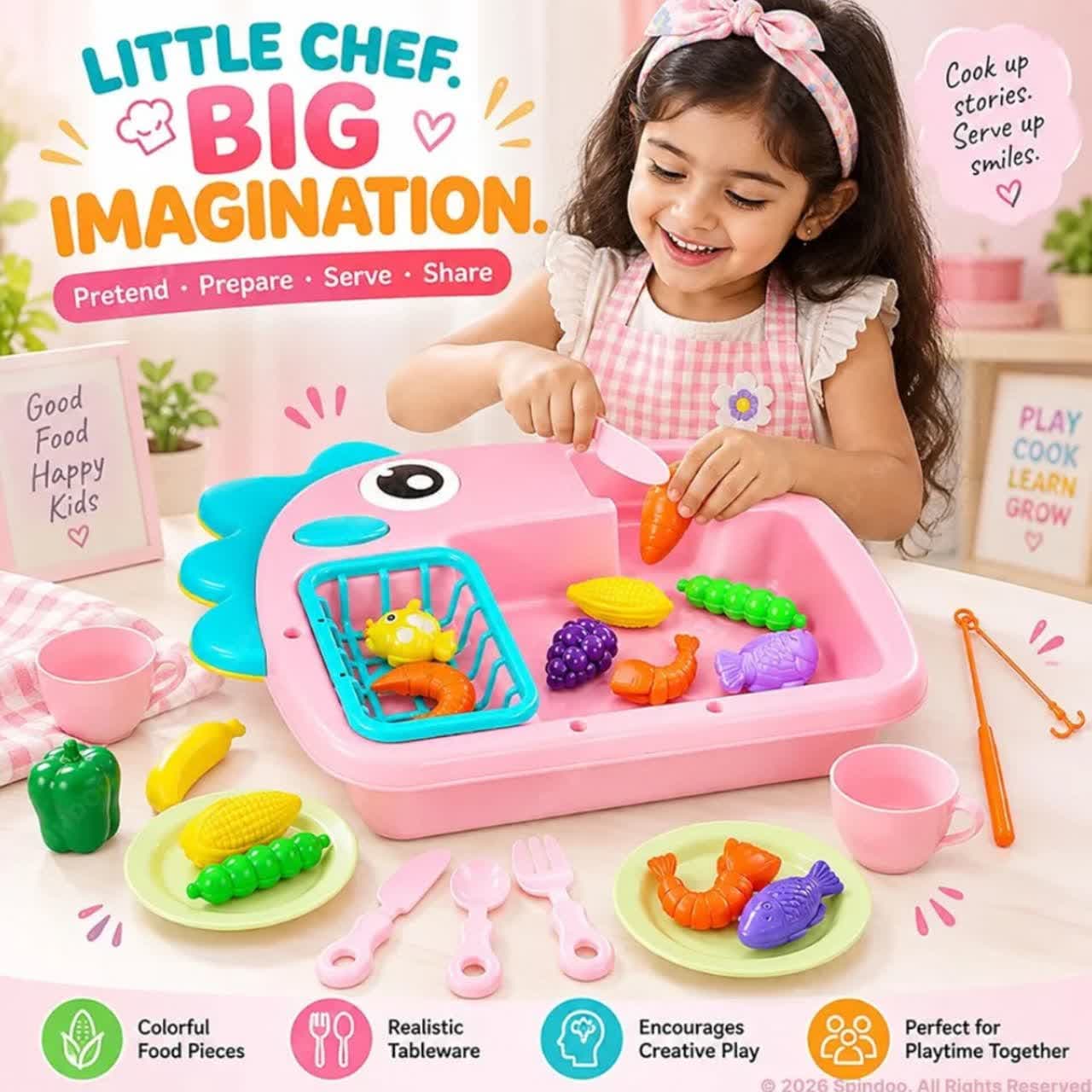 اسباب بازی ناب سل مدل سینک ظرفشویی طرح دایناسور بامزه مجموعه 23 عددی کد DINOSAURS KITCHEN SINK ELECTRIC PUMP به همراه پمپ آب الکتریکی و چرخش آب — تصویر ۴
