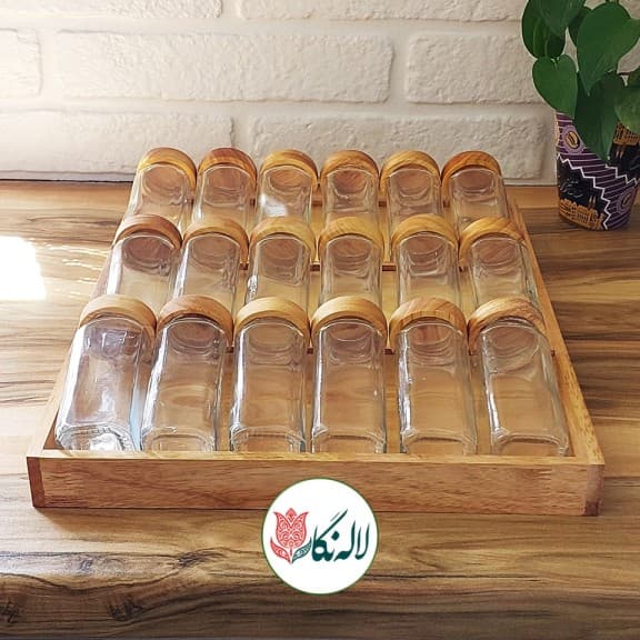 جا ادویه مکارتی درب چوبی 18عددی داخل کشو با استند چوبی (لیبل-سری ادویه پاش)