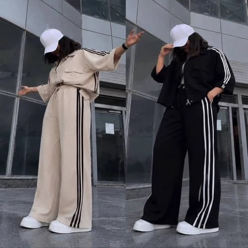 ست 3 خط کتان زارا | فری سایز تا 44، شلوار از بغل سه خط