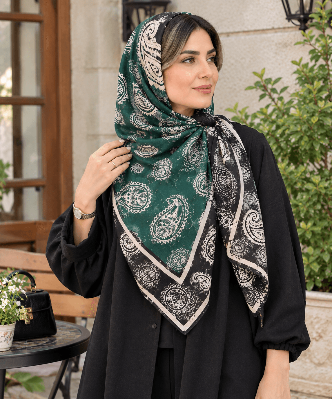 روسری زنانه نخی قواره ۱۴۰ طرح پیزلی سبز