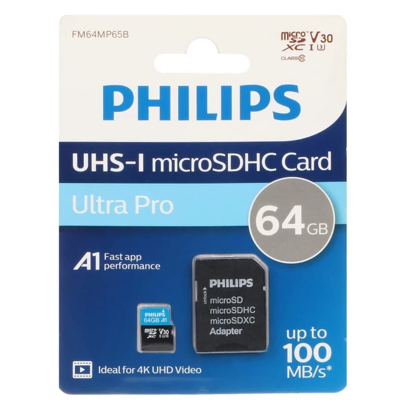 کارت حافظه MicroSDHC فیلیپس مدل Ultra Pro کلاس 10 سرعت 100MBps ظرفیت 64 گیگابایت به همراه آداپتور