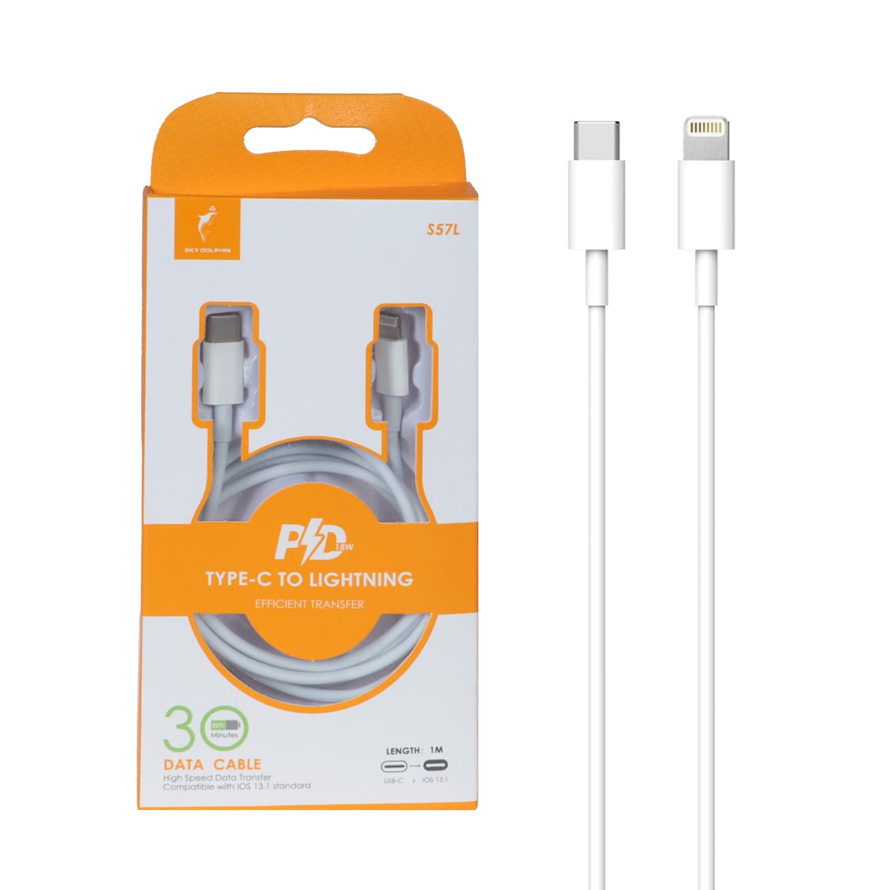 کابل شارژ PD و فست Sky Dolphin Type-C To Lightning مدل S57L 18W – سفید – TCO