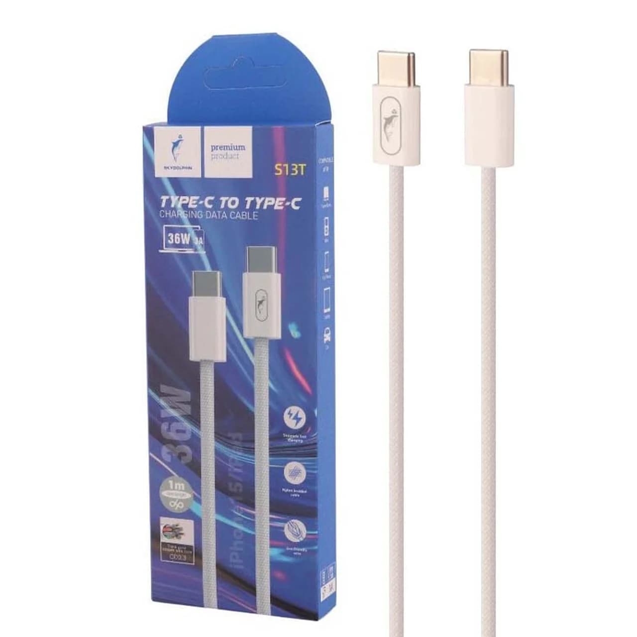 کابل شارژ فست Sky Dolphin Type-C To Type-C مدل S13T – سفید – TCO — تصویر ۲