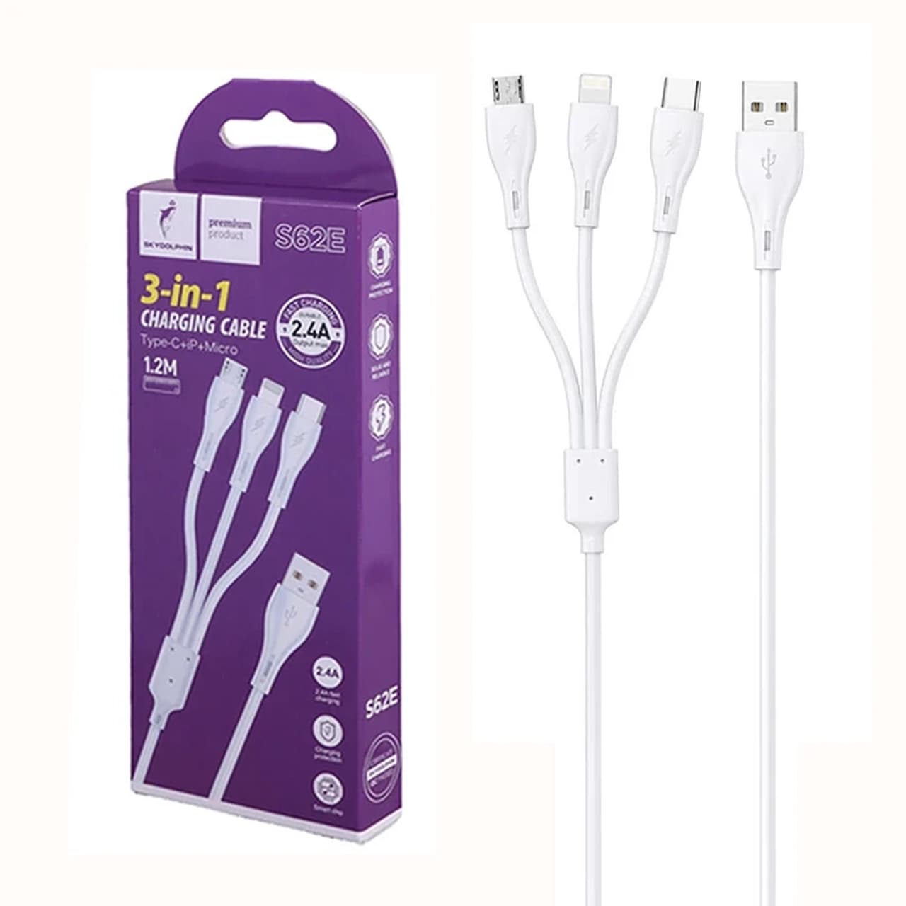 کابل شارژ فست 1.2 متری سه کاره Sky Dolphin مدل S62E – سفید – TCO