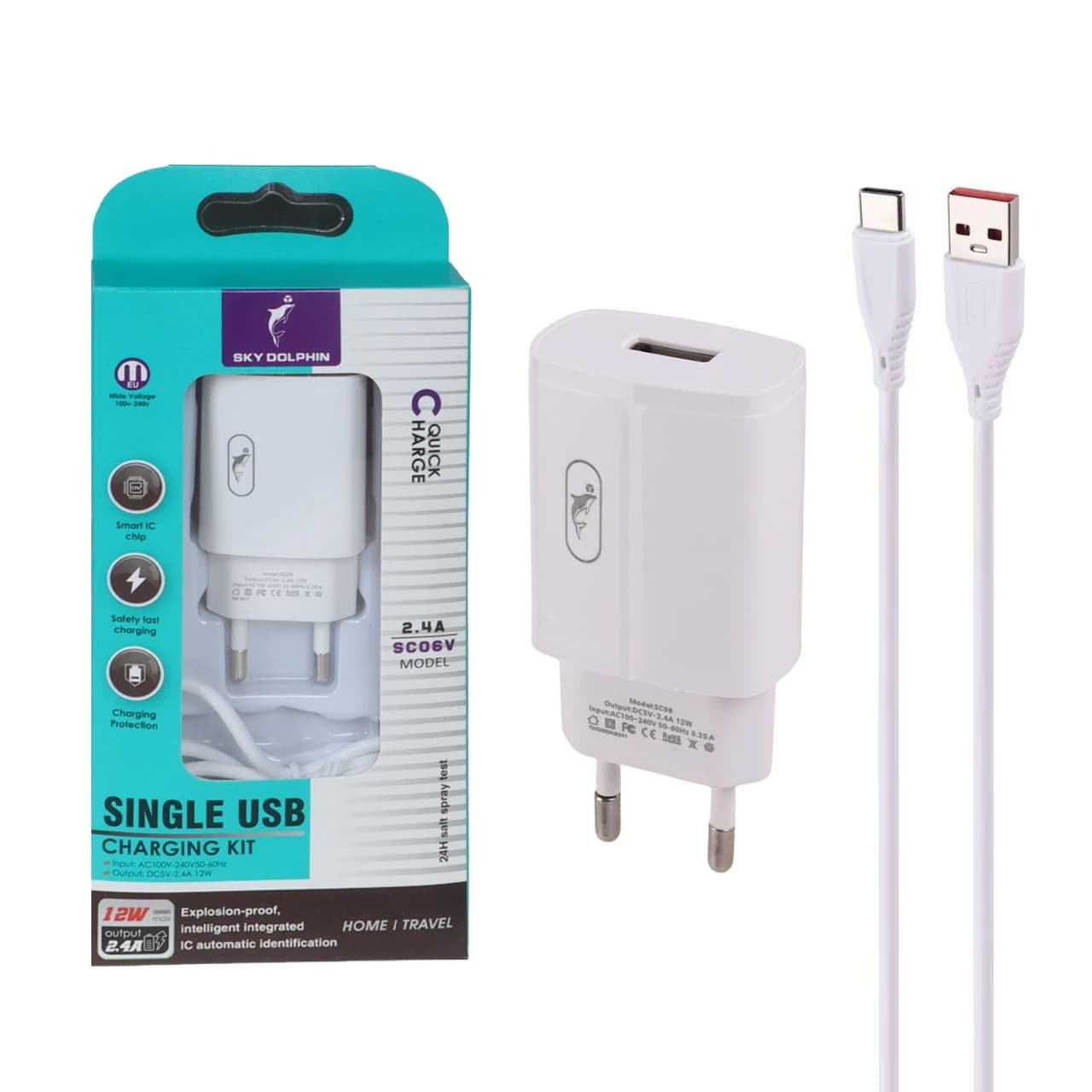 شارژر دیواری فست تک پورت Sky Dolphin مدل SC06V 12W به همراه کابل شارژ اندروید – سفید – TCO
