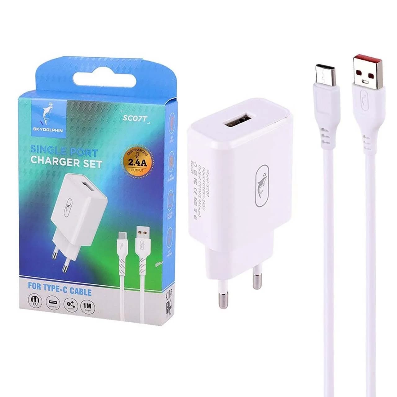 شارژر دیواری فست تک پورت Sky Dolphin مدل SC07T 12W به همراه کابل شارژ Type-C – سفید – TCO — تصویر ۵