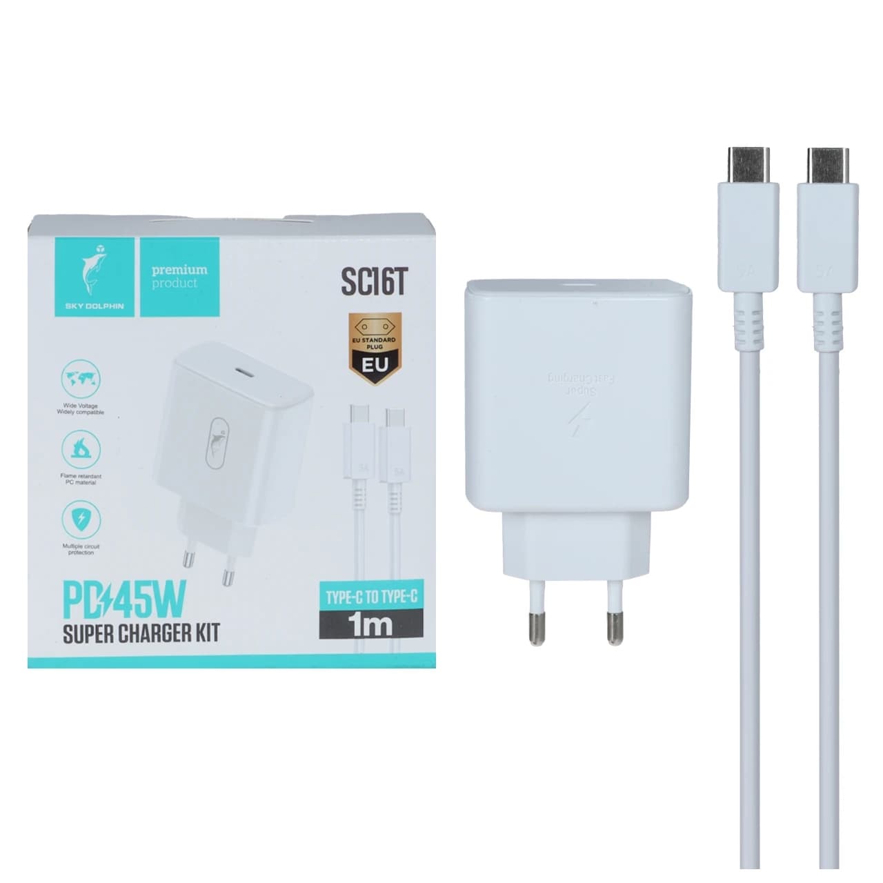 شارژر دیواری PD و فست تک پورت Sky Dolphin مدل SC16T 45W به همراه کابل شارژ Type-C To Type-C- سفید – TCO