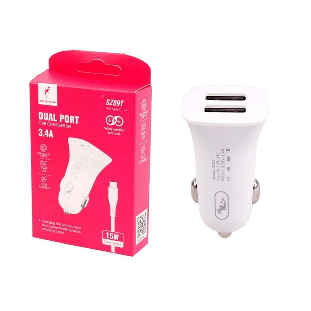 شارژر فندکی فست دو پورت Sky Dophin مدل SZ09 15W – سفید – TCO