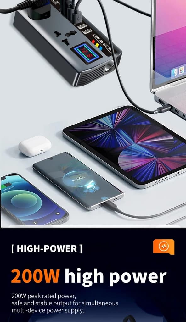 اینورتر خودرو 200 وات 12/24V به 220V با 3 USB، Type-C و شارژ سریع QC3.0 — تصویر ۸