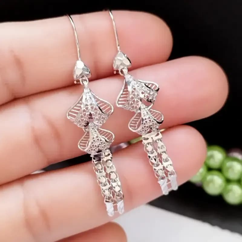 گوشواره نقره آویز زنانه عیار 925 روکش طلا سفید بزرگ — تصویر ۶