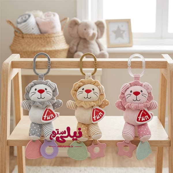 آویز جغجغه ای کریر و کالسکه طرح شیر بیبی فان Baby Fun