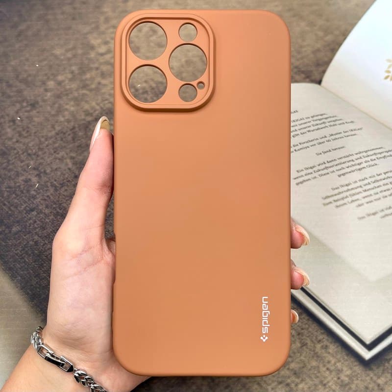 قاب گوشی iPhone 16 Pro Max آیفون سیلیکونی Spigen اورجینال کابل داخل پارچه ای محافظ لنز دار موکا کد 758604