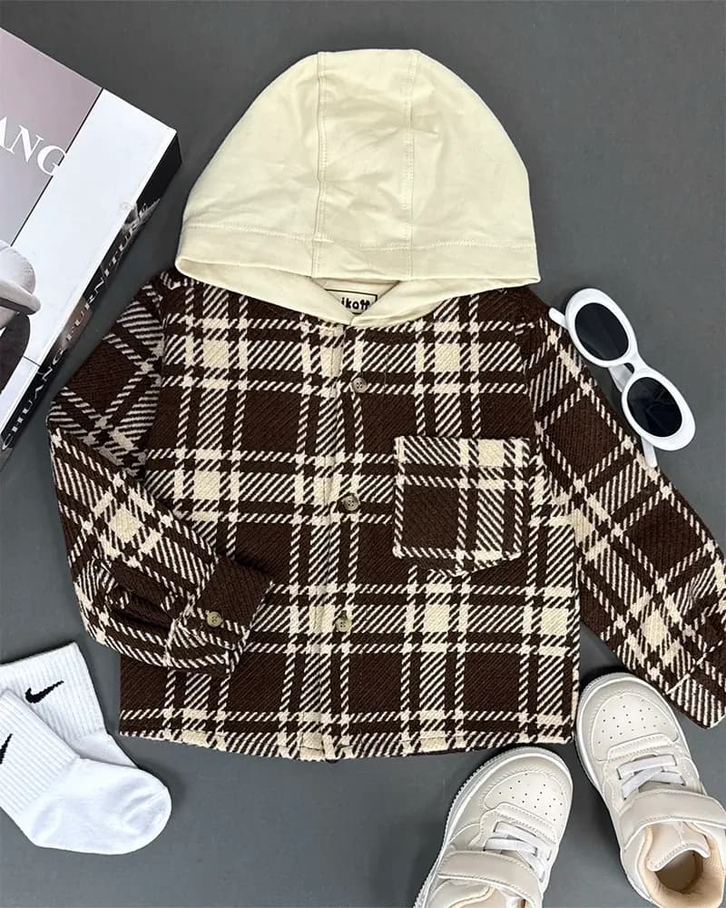 شومیز بچگانه چهارخونه مدل کلاه کرم کد 4035