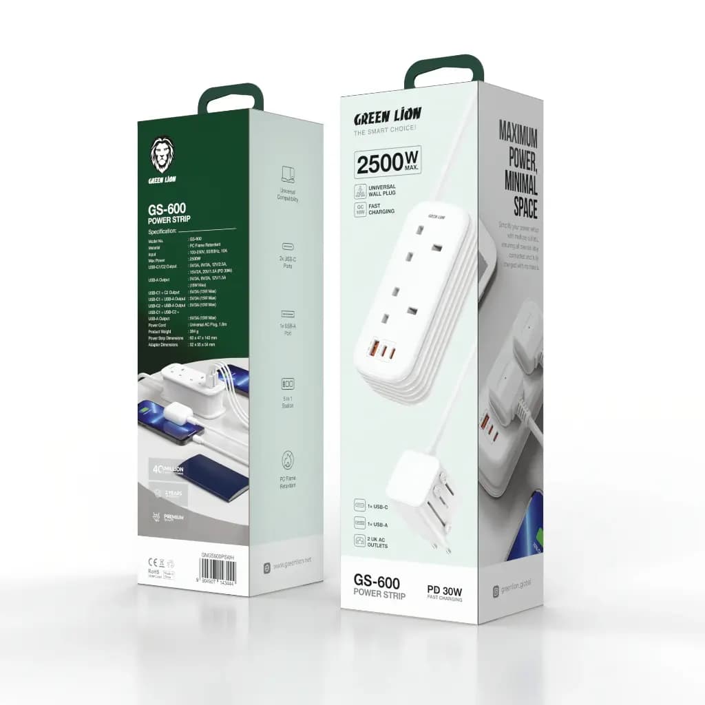 چندراهی برق و شارژر گرین لاین مدل GS-600 با USB-C و USB-A و توان 2500 وات GNGS600PSWH — تصویر ۲