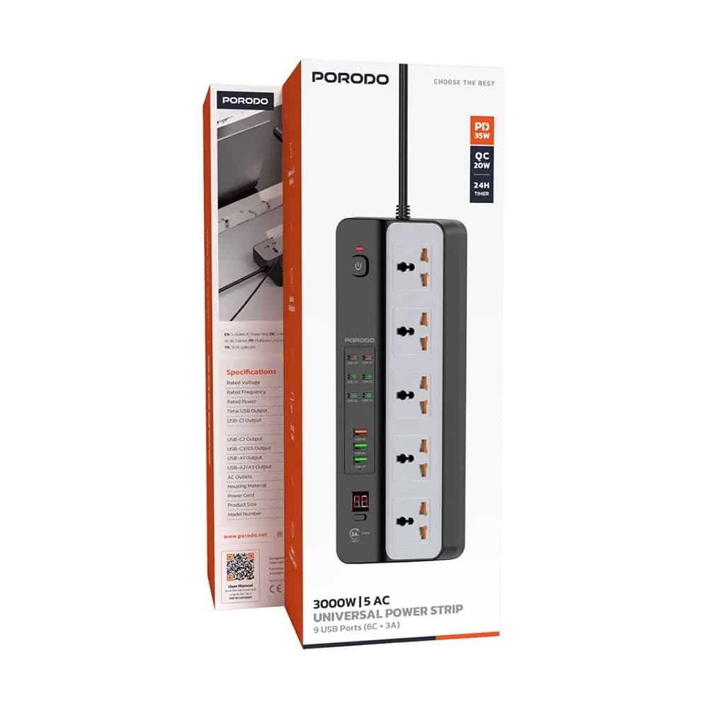 چندراهی و محافظ برق پرودو مدل Porodo Universal power strip 3000w FWC098 — تصویر ۲