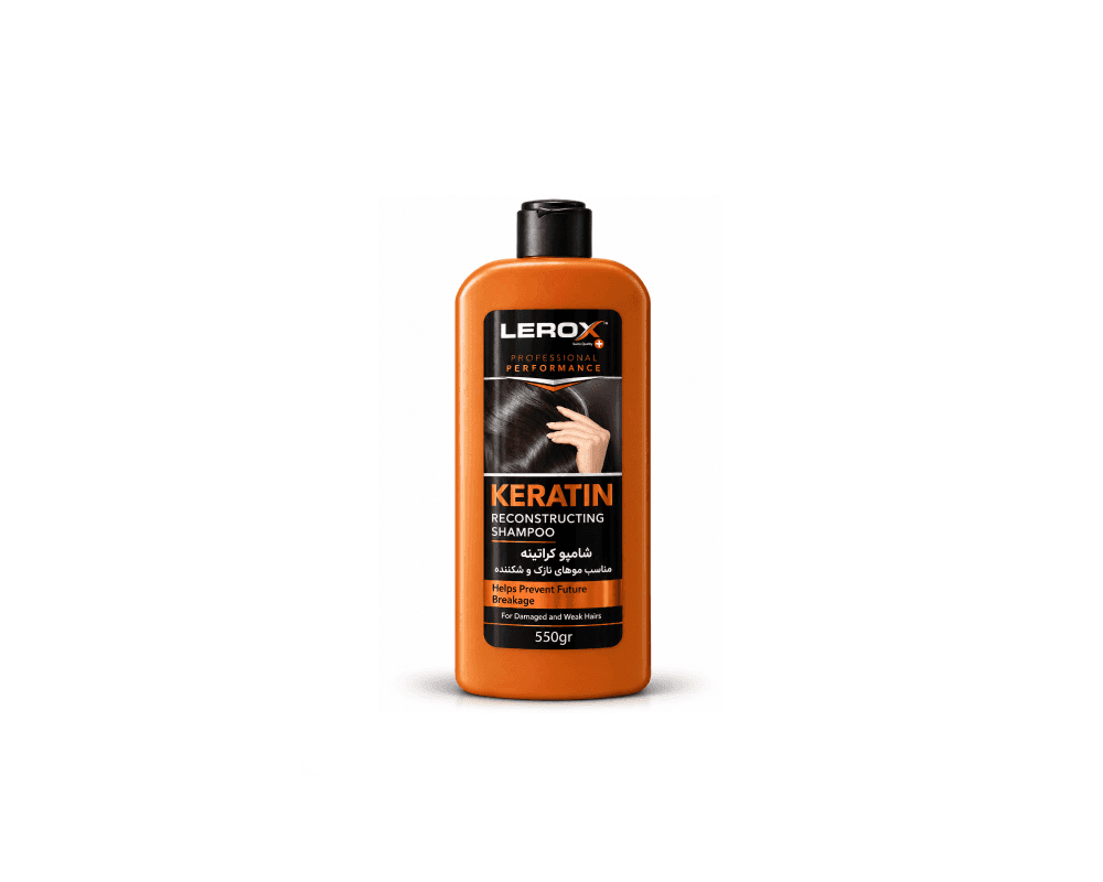 شامپو کراتینه بازسازی‌کننده لروکس Lerox مدل Keratin Reconstructing Shampoo وزن ۵۵۰ گرم | مناسب موهای آسیب‌دیده و ضعیف For Damaged and Weak Hair و کمک به جلوگیری از شکستگی مو Helps Prevent Future Break