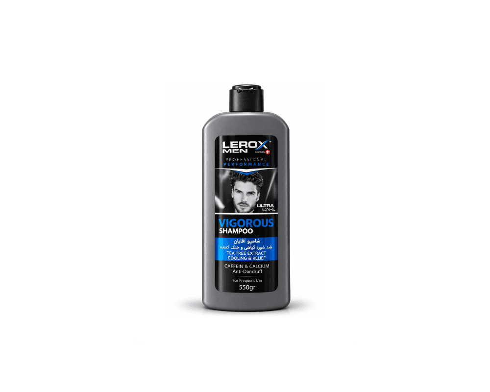 شامپو مردانه لروکس Lerox Men مدل Vigorous Shampoo حاوی عصاره درخت چای Tea Tree Extract، کافئین و کلسیم Caffeine and Calcium وزن ۵۵۰ گرم | ضد شوره Anti-Dandruff و خنک‌کننده Cooling and Relief