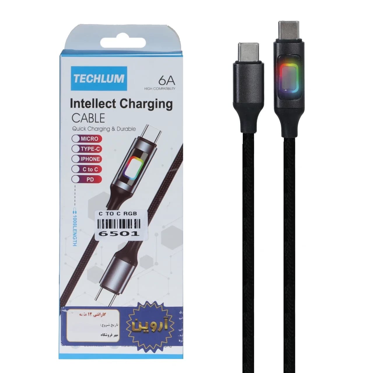 کابل شارژ فست Techlum Type-C To Type-C مدل MA033 – مشکی (گارانتی شش ماهه آروین) — تصویر ۲