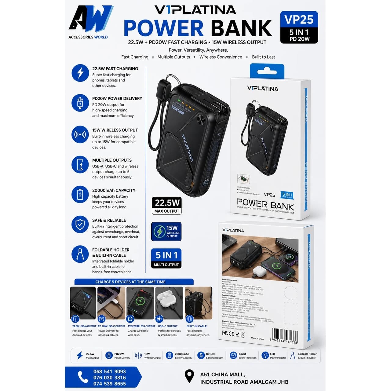 پاوربانک PD و فست شارژ VIPLATINA 22.5W 20000mAh مدل VP25 – مشکی (گارانتی شش ماه تعویض نیکان همراه) — تصویر ۳