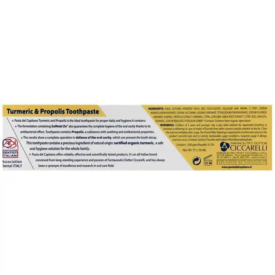 خمیردندان پاستا دل کاپیتانو با عصاره زردچوبه و بره‌ موم (Turmeric & Propolis) حجم 75 میلی لیتر — تصویر ۷