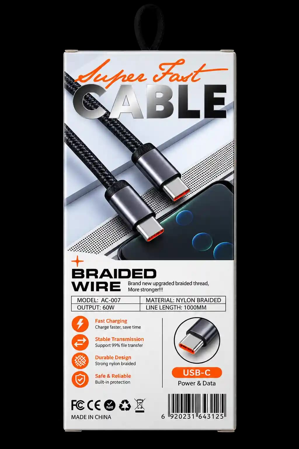 کابل شارژ سریع دو سر تایپ سی ۶۰ وات مدل AC-007 (Super Fast CABLE AC-007 C-C 60W) — تصویر ۳