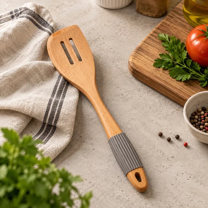کفگیر هلالی شیاردار چوبی یونیک دسته سیلیکونی مدل UN-1110 — تصویر ۲