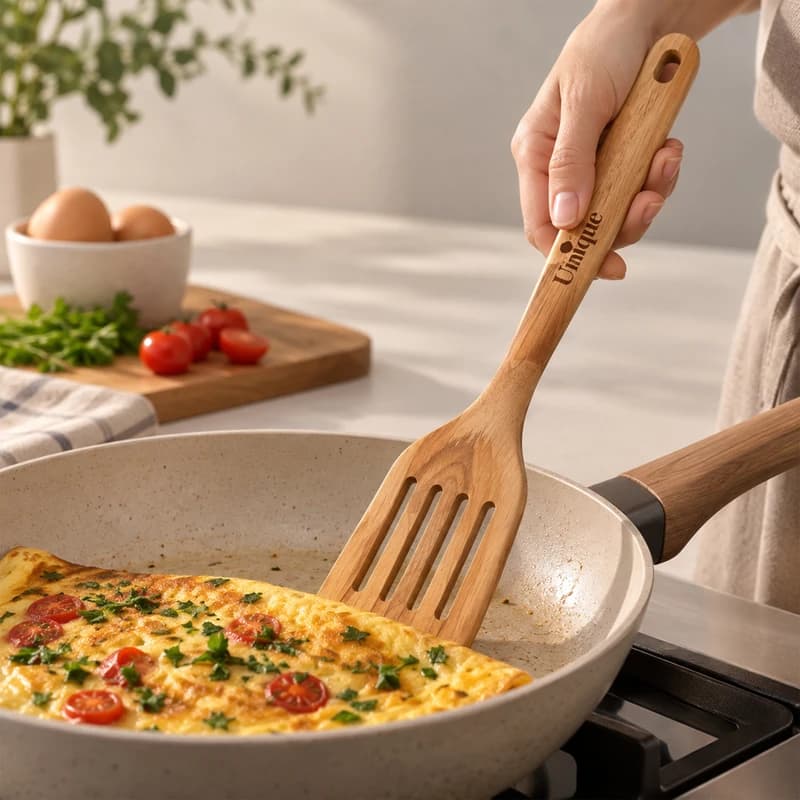 کفگیر تخت شیاردار دسته چوبی یونیک کد 1108 — تصویر ۴