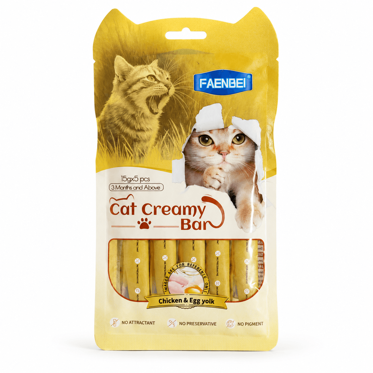 تشویقی کرمی گربه فنبی (FAENBEI) مدل مرغ و زرده تخممرغ بسته 5 عددی