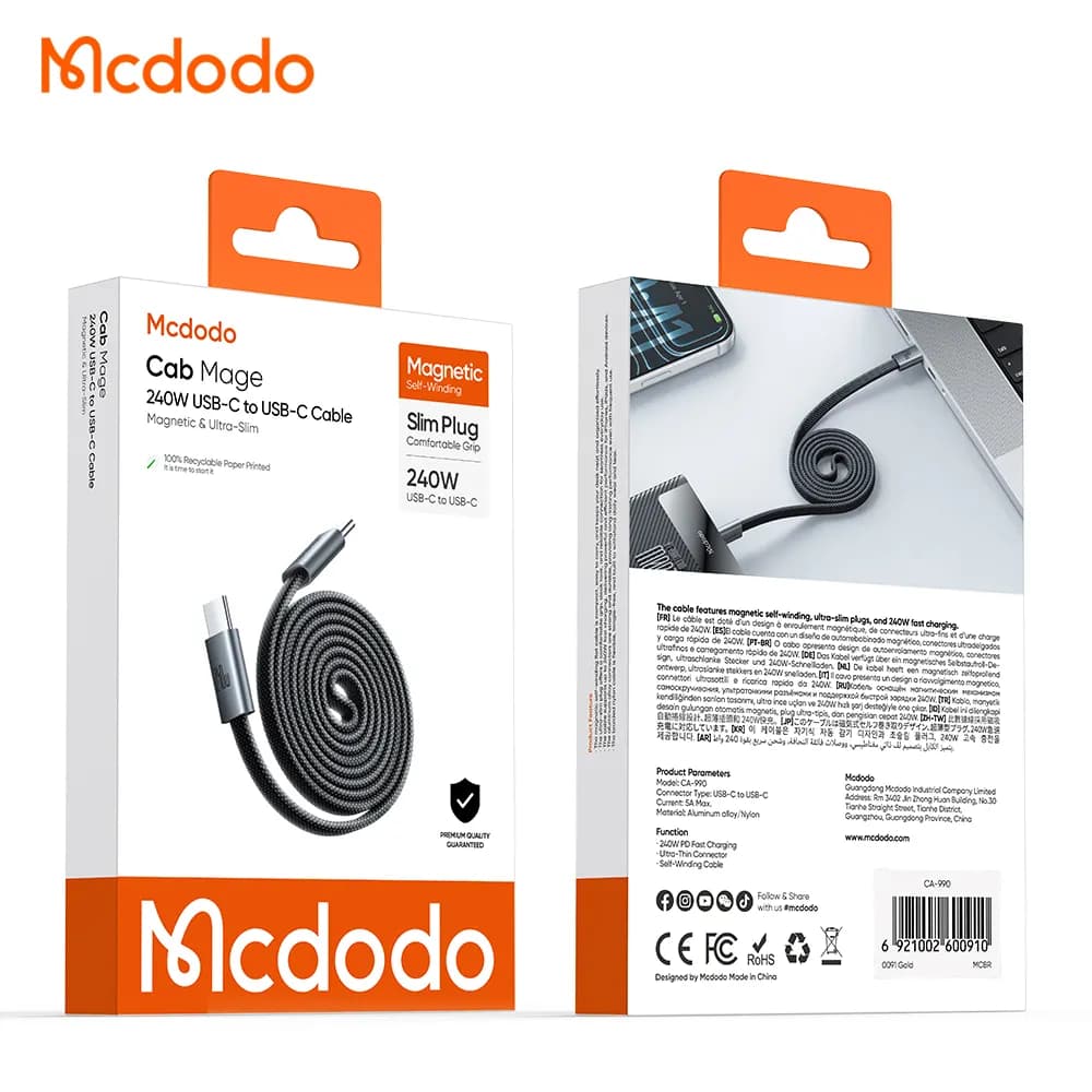 کابل شارژ 240 وات 5 آمپر بدنه مگنتی Type-C به Type-C طول 1.2 متر برند مک دودو مدل CA-9900 — تصویر ۲