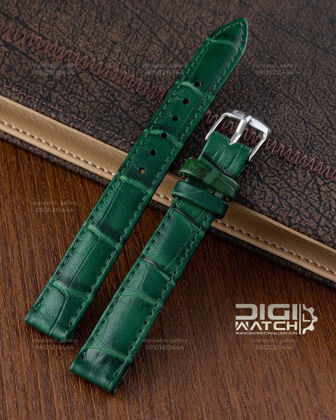 بند چرم ساعت سبز طرح کروکودیل ۱۴ میلیمتر — تصویر ۲